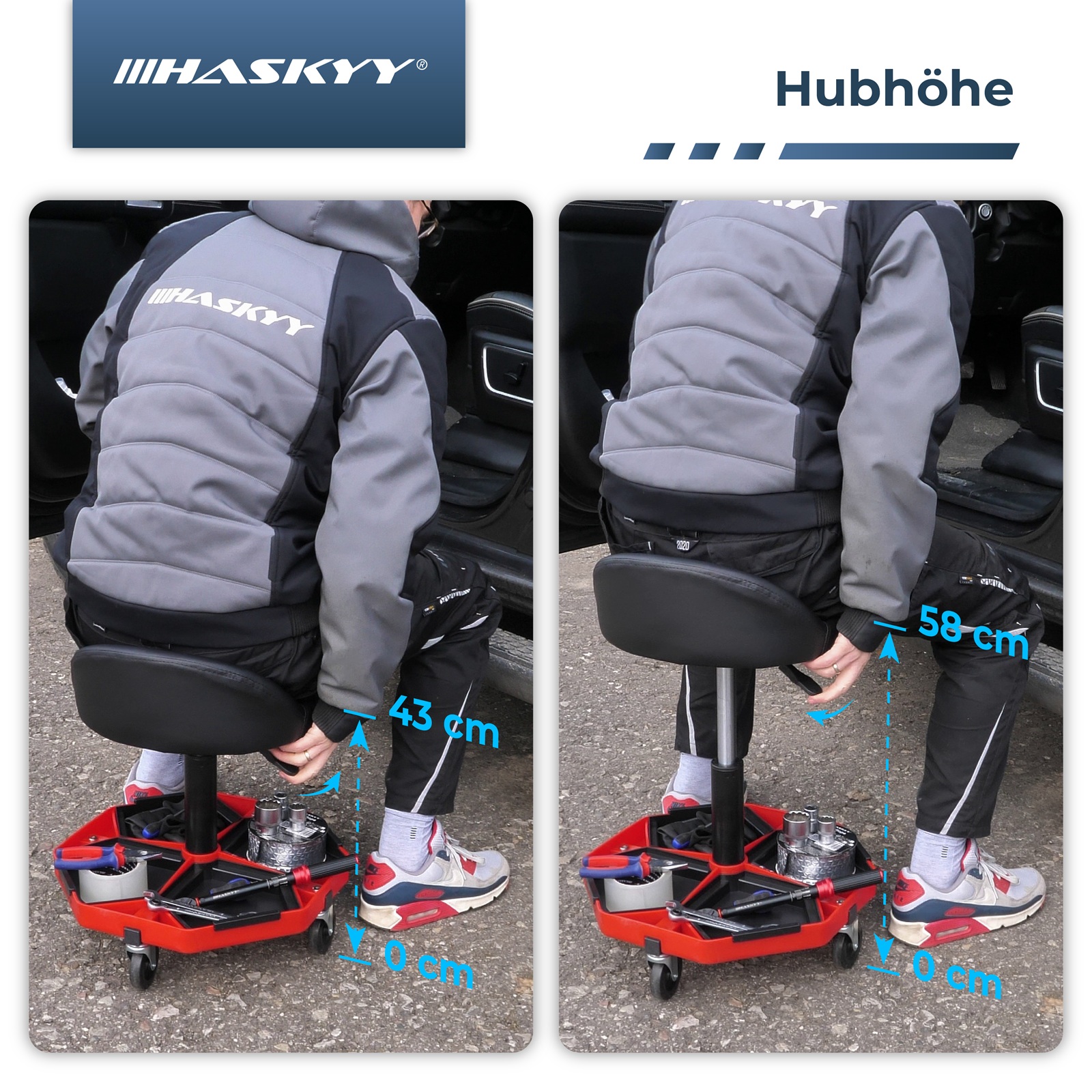 HASKYY Werkstatthocker mit kleiner Rückenlehne, höhenverstellbar, 150kg, 360° Rollen
