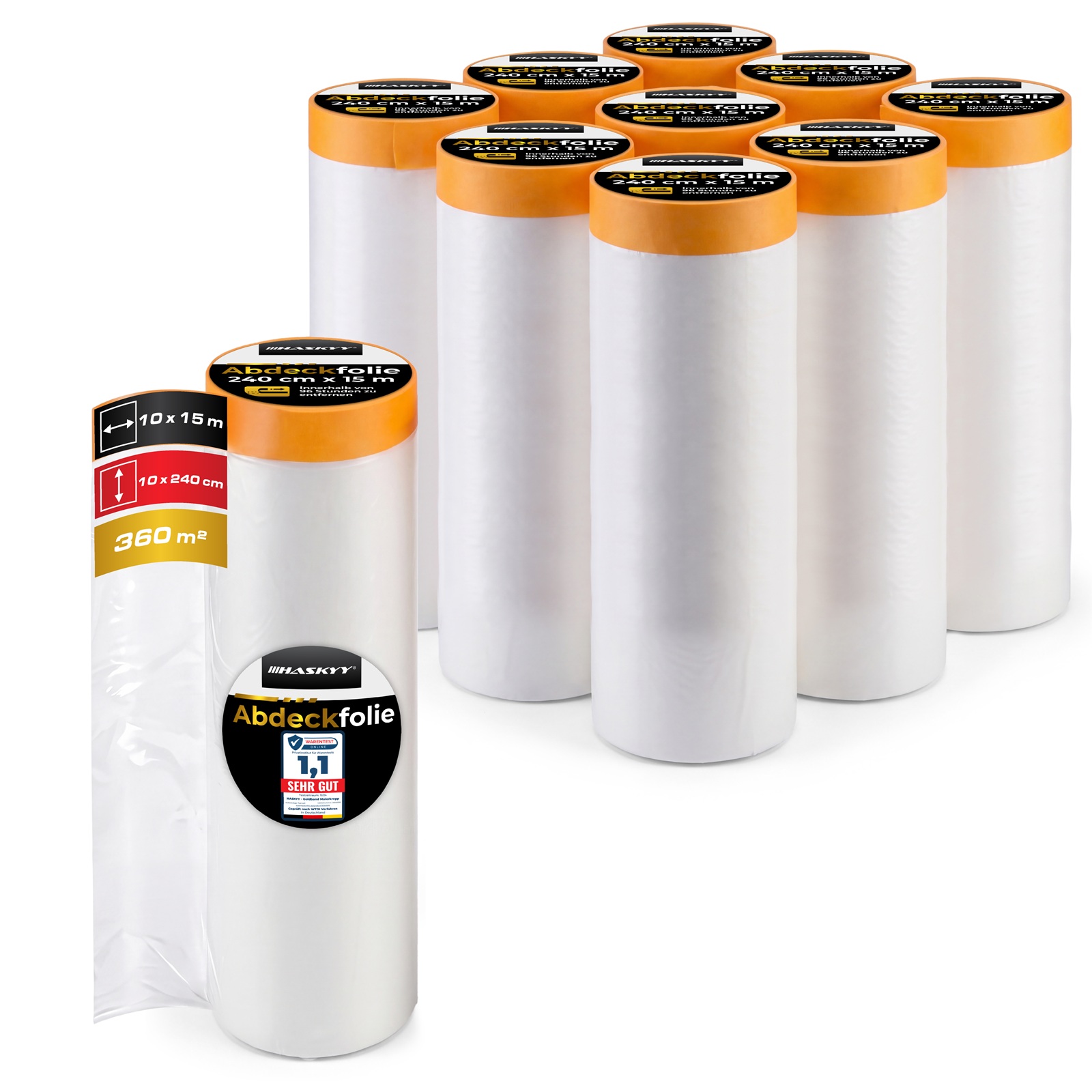 10x Abdeckfolie 240cm x 15m mit Klebeband 18mm