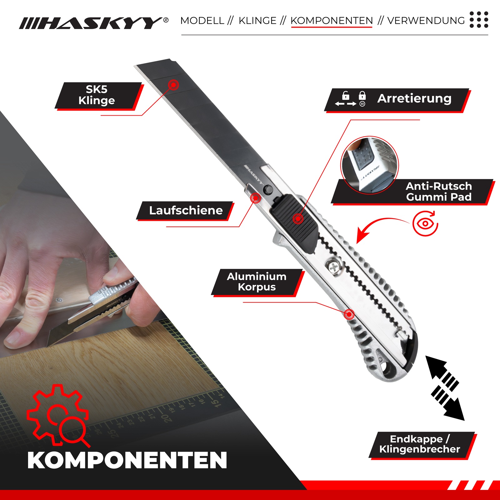HASKYY Cuttermesser Set 10x – Teppichmesser Cutter 18 mm mit SK5-Hochkarbonstahl & Klingenbrecher