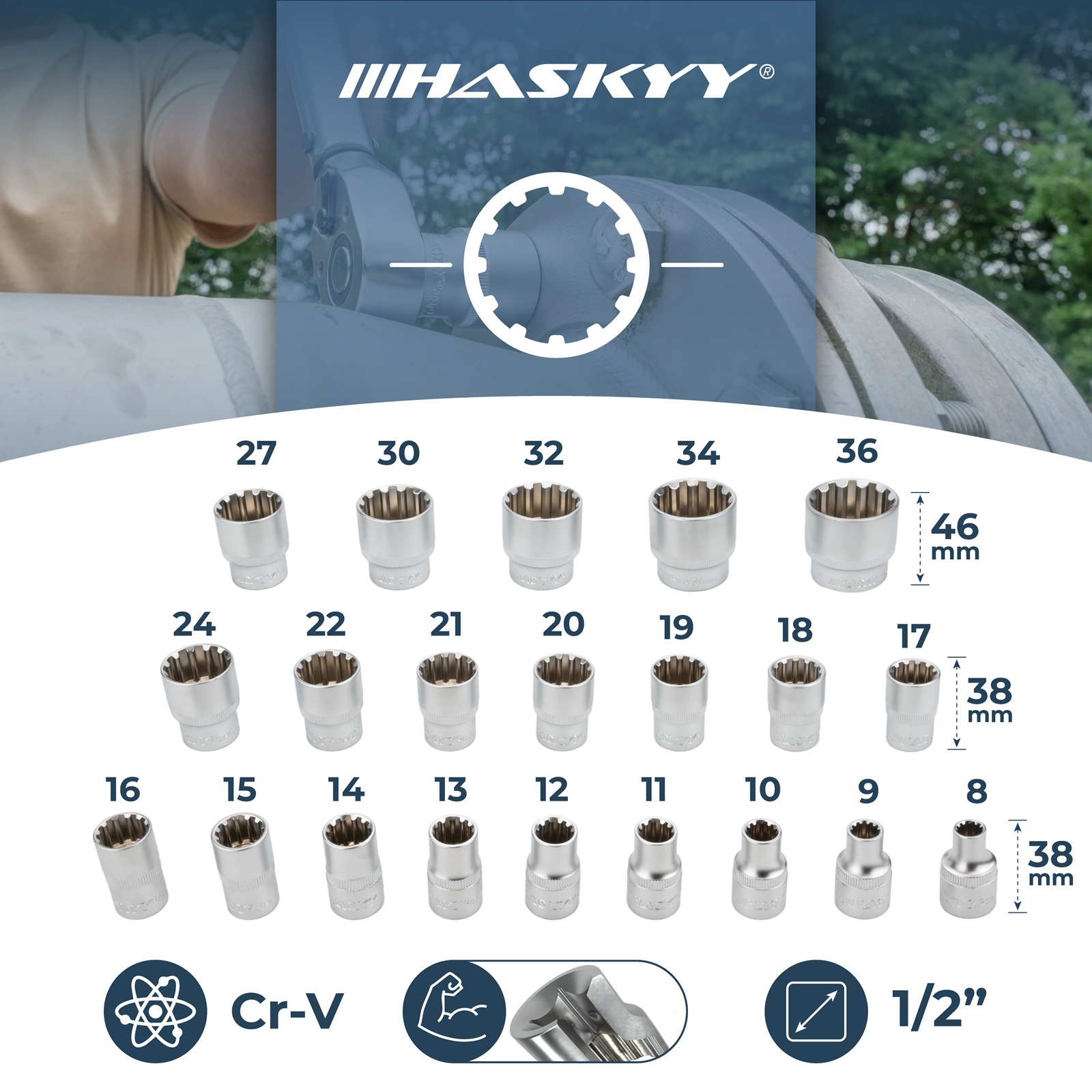 HASKYY Gearlock Vielzahn-Stecknuss-Set 21-tlg. XZN 1/2″ Antrieb 8-36 mm