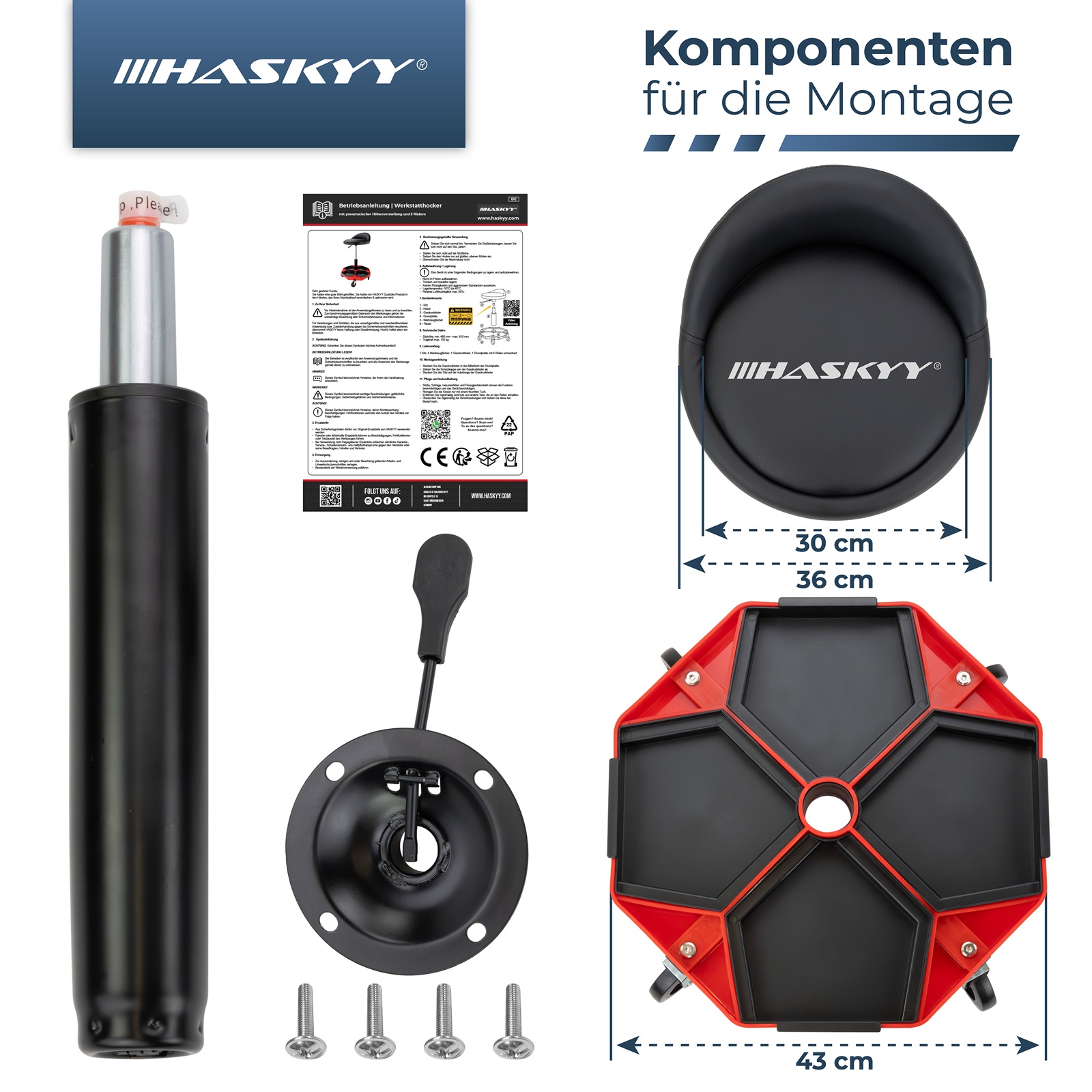 HASKYY Werkstatthocker mit kleiner Rückenlehne, höhenverstellbar, 150kg, 360° Rollen