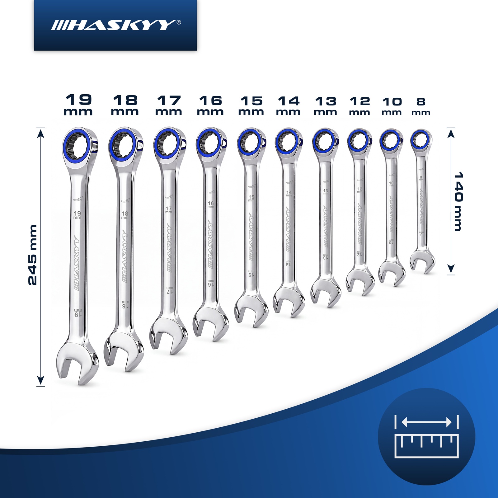 HASKYY Ringratschenschlüssel Set 8-19mm Ratsche geräuschlos