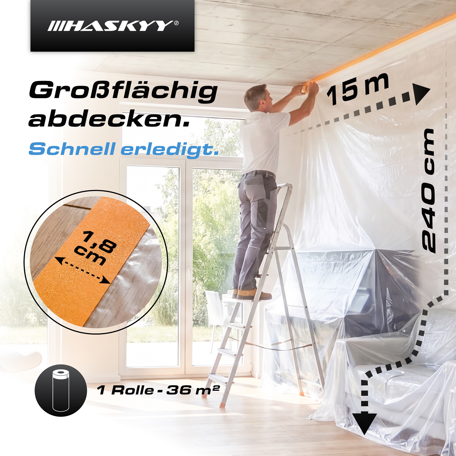 10x Abdeckfolie 240cm x 15m mit Klebeband 18mm