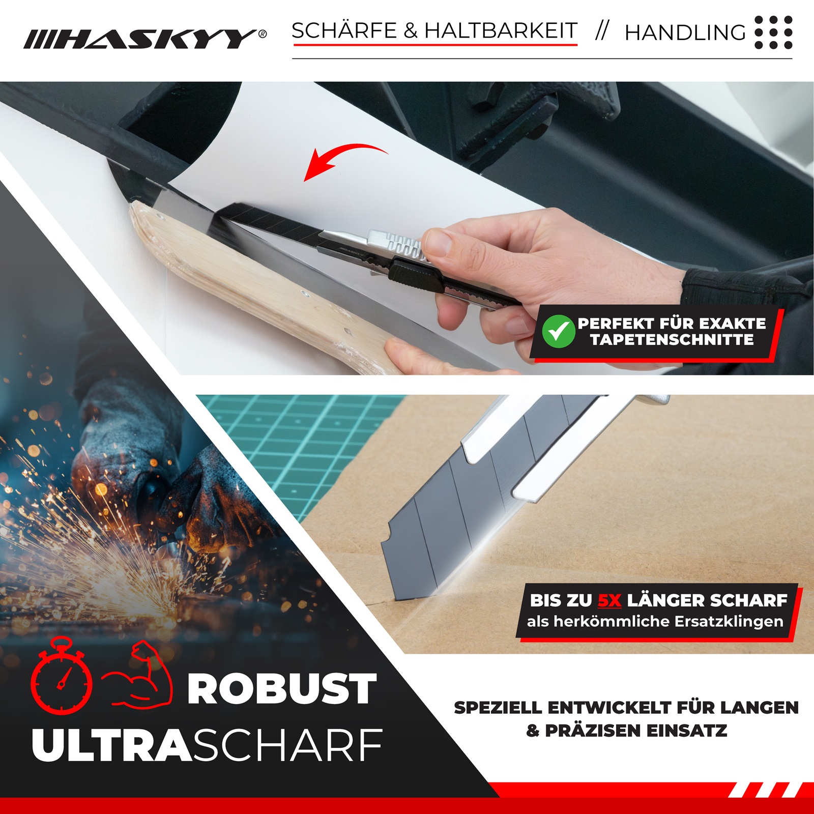 HASKYY Cuttermesser Set 10x – Teppichmesser Cutter 18 mm mit SK5-Hochkarbonstahl & Klingenbrecher