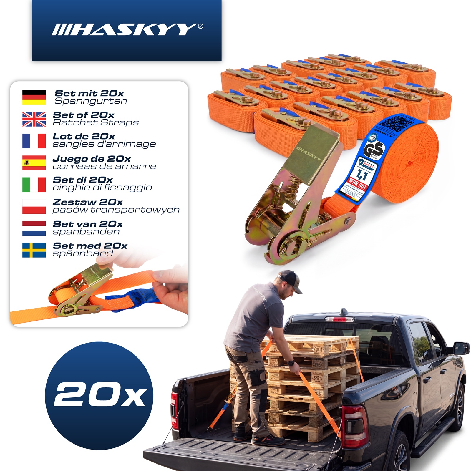 20er Set Spanngurt-Ratsche 27x5000 mm orange