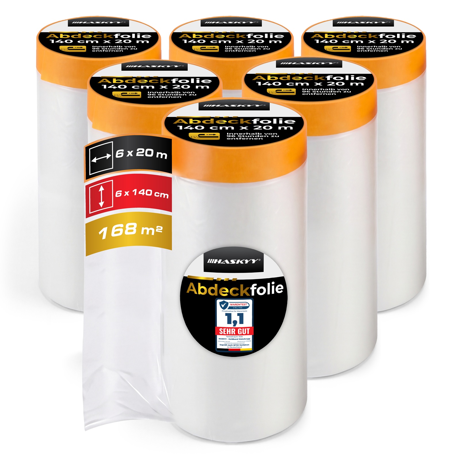 6x Abdeckfolie 140cm x 20m mit Klebeband 18mm