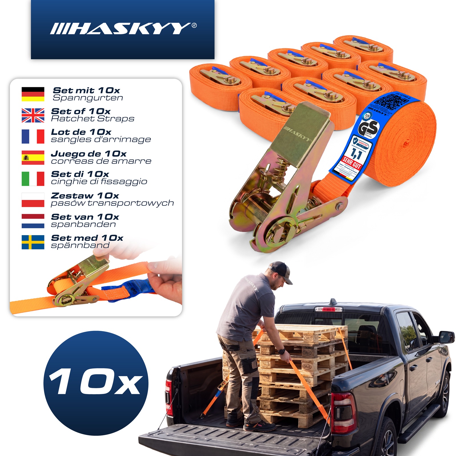 10er Set Spanngurt-Ratsche 27x5000 mm orange