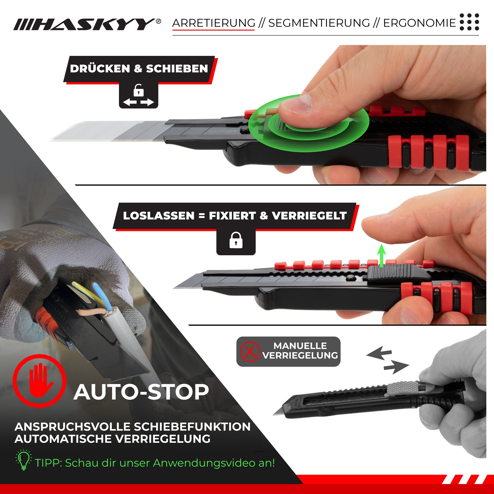 HASKYY Cuttermesser Teppichmesser 5x Universal Messer 50x Klingen SK5 Set