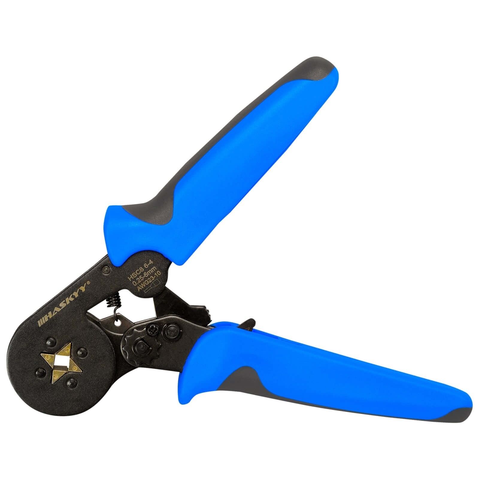 HASKYY Crimpzange Aderendhülsen 0,25-10 mm² (AWG 23-10) selbsteinstellend, Ratschen-/Hebelantrieb, quadratische Vercrimpung, 175×70 mm