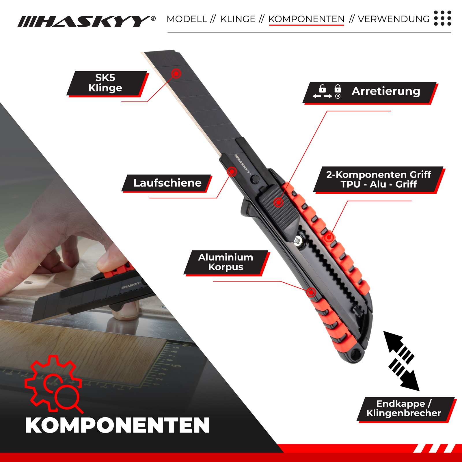 HASKYY Cuttermesser Teppichmesser 5x Universal Messer 50x Klingen SK5 Set