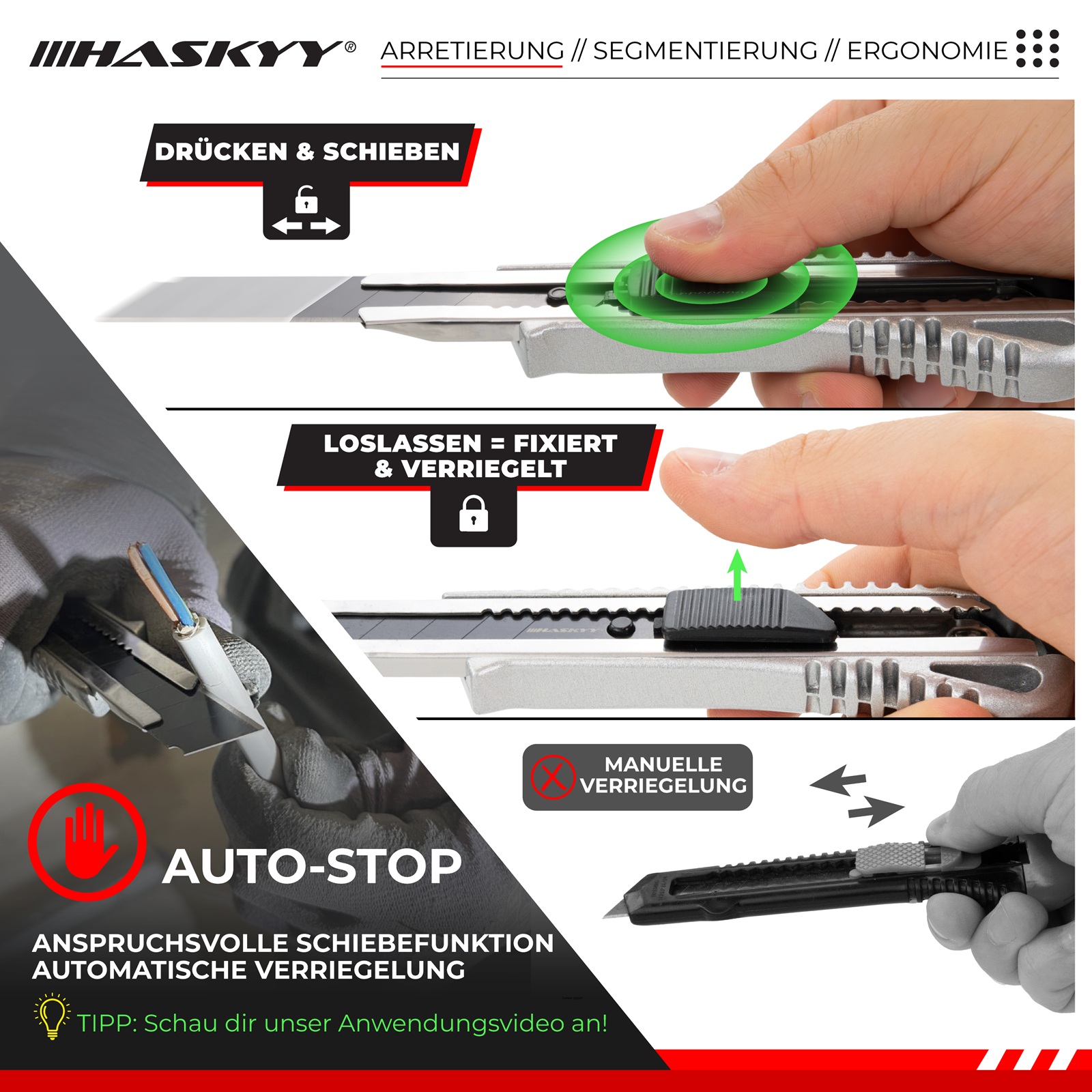 HASKYY Cuttermesser Set 10x – Teppichmesser Cutter 18 mm mit SK5-Hochkarbonstahl & Klingenbrecher