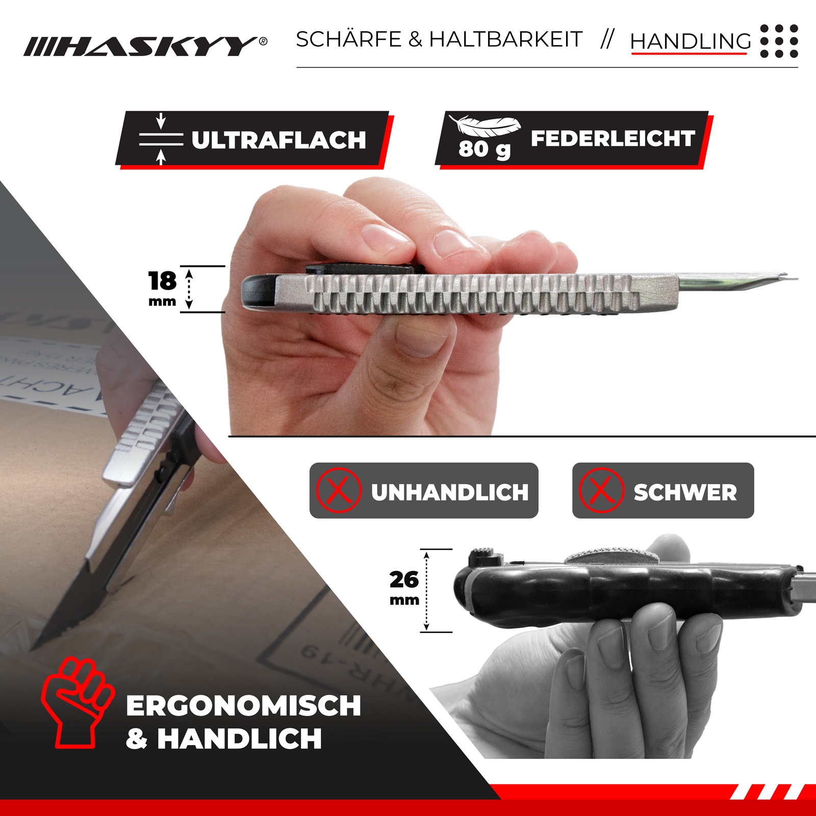 HASKYY Cuttermesser Set 10x – Teppichmesser Cutter 18 mm mit SK5-Hochkarbonstahl & Klingenbrecher
