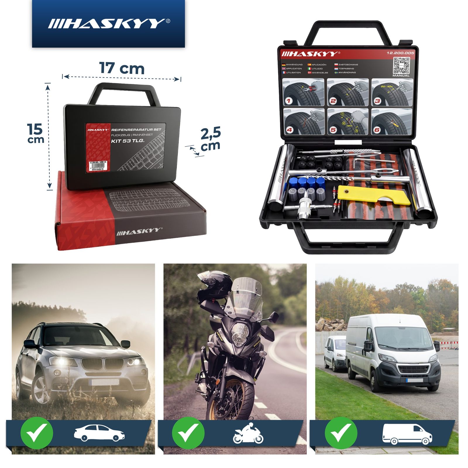 HASKYY Reifen Reparatur Set 53 tlg. Reifenflickzeug Auto Reifenreparatur Set
