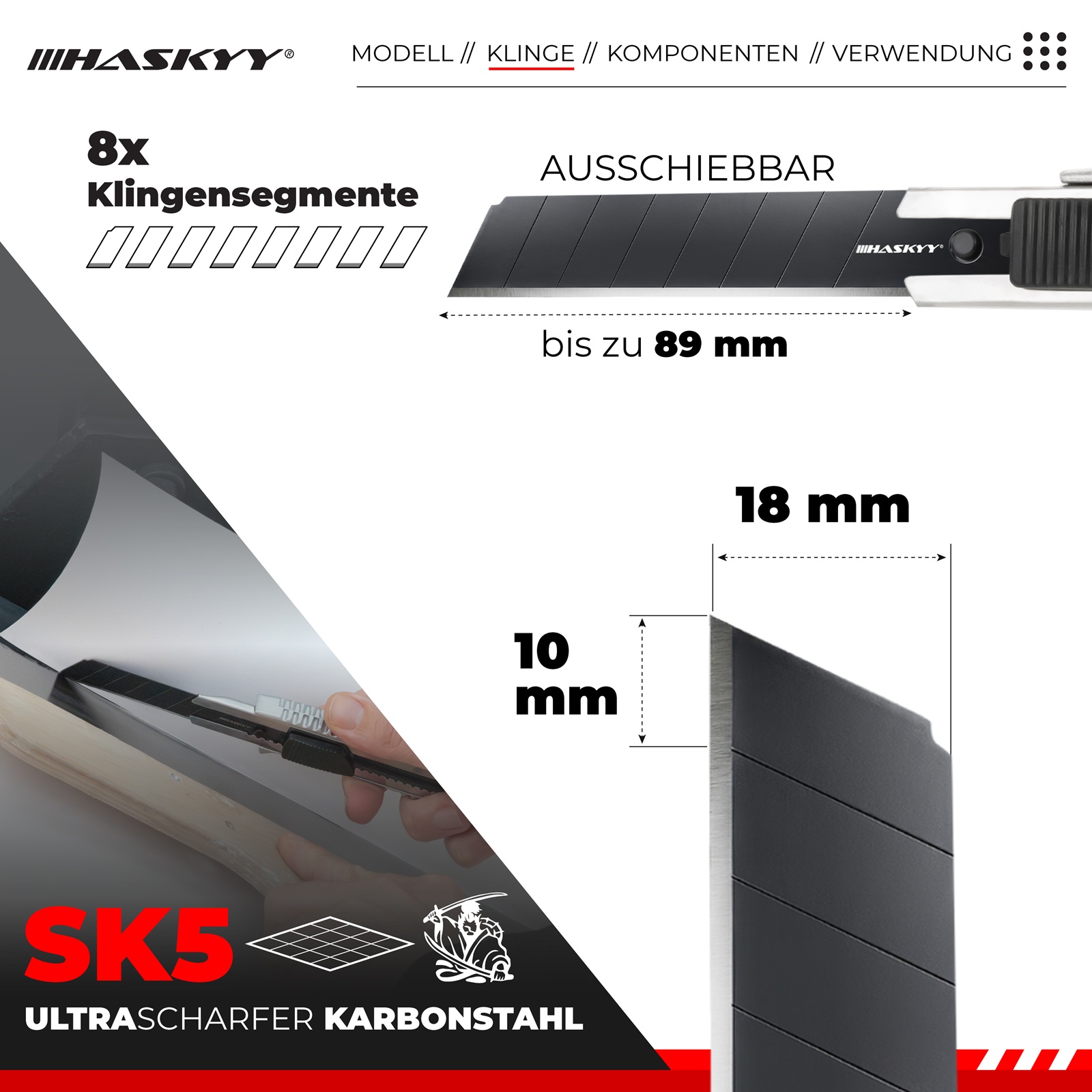 HASKYY Cuttermesser Set 10x – Teppichmesser Cutter 18 mm mit SK5-Hochkarbonstahl & Klingenbrecher