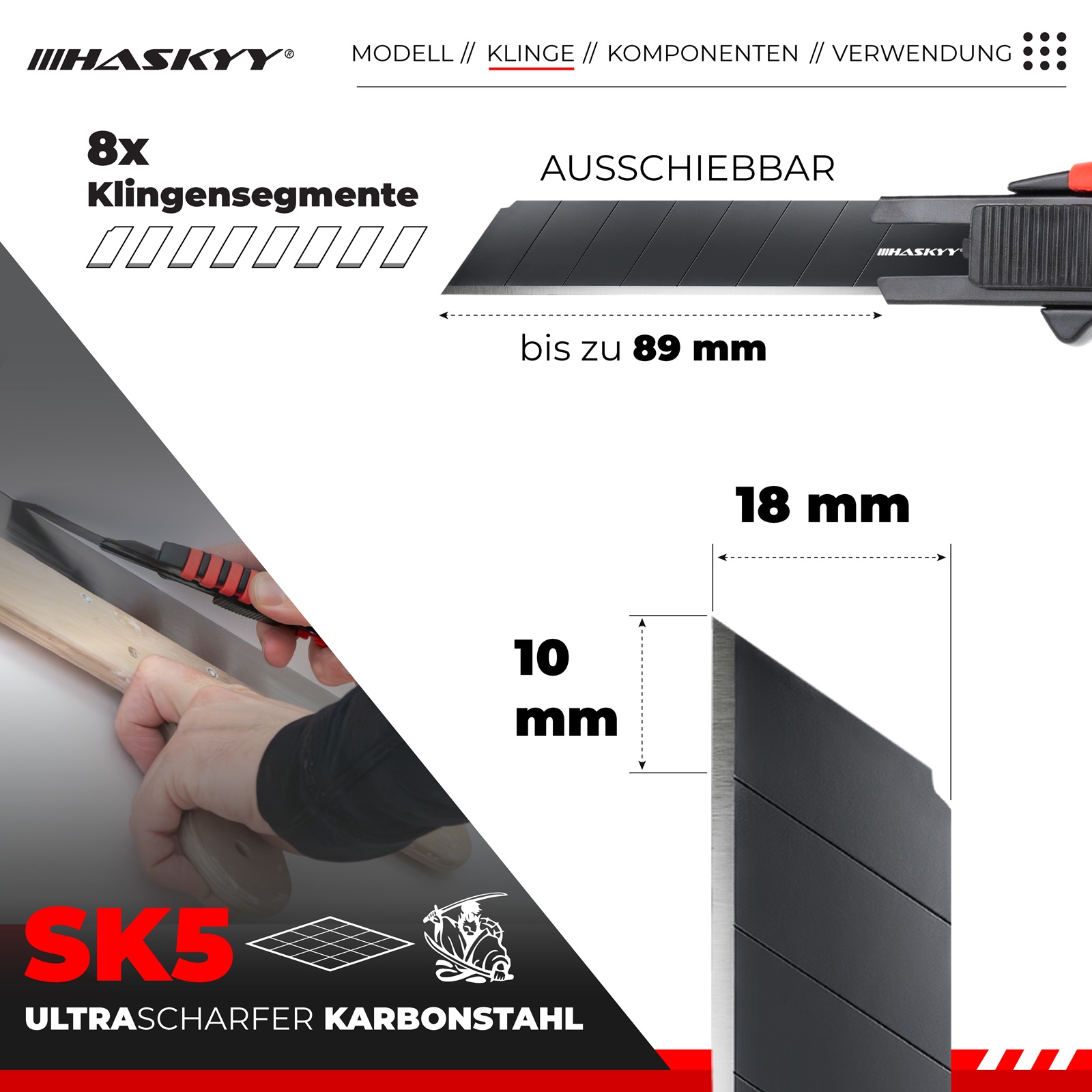 HASKYY Cuttermesser Teppichmesser 5x Universal Messer 50x Klingen SK5 Set