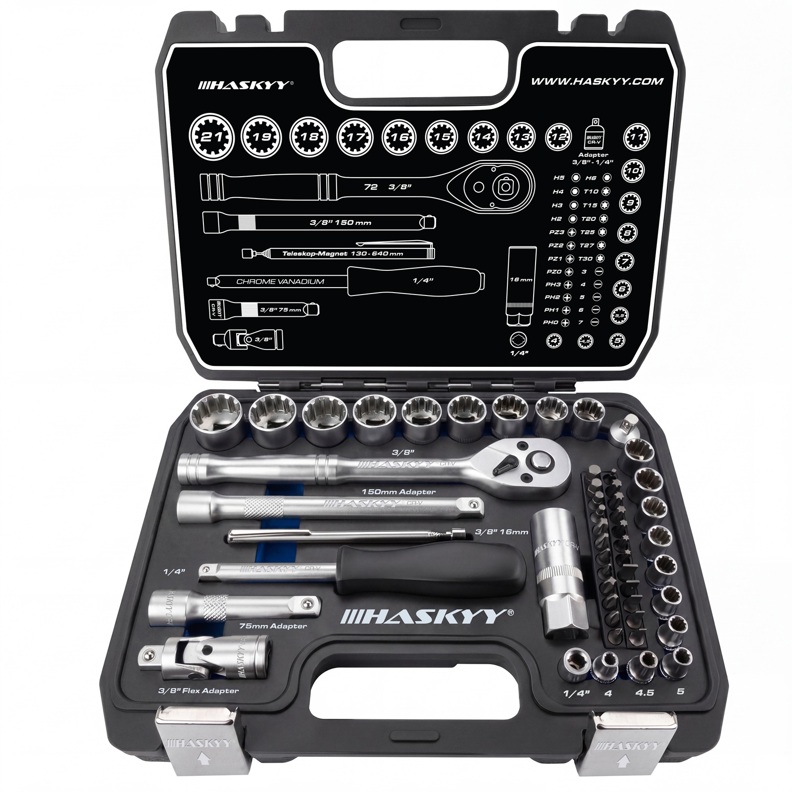 HASKYY 52 tlg. Werkzeugkoffer - Vielzahn Steckschlüssel & Bits Set mit Ratschenfunktion Zöllisch & Metrisch