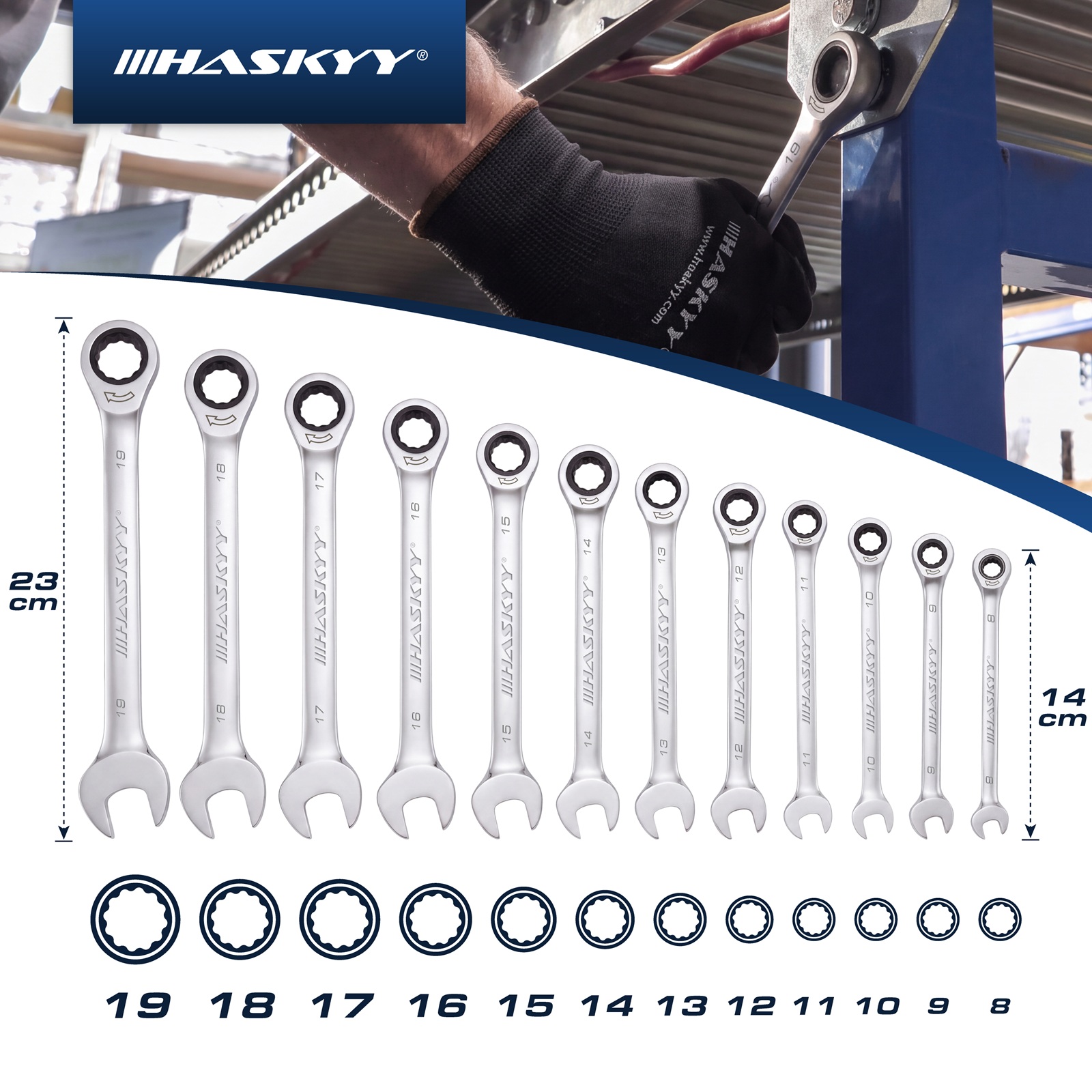 HASKYY Ratschenschlüssel Ring Maul Ratsche Schlüssel Satz 8-19 mm Werkzeug Set 12 tlg