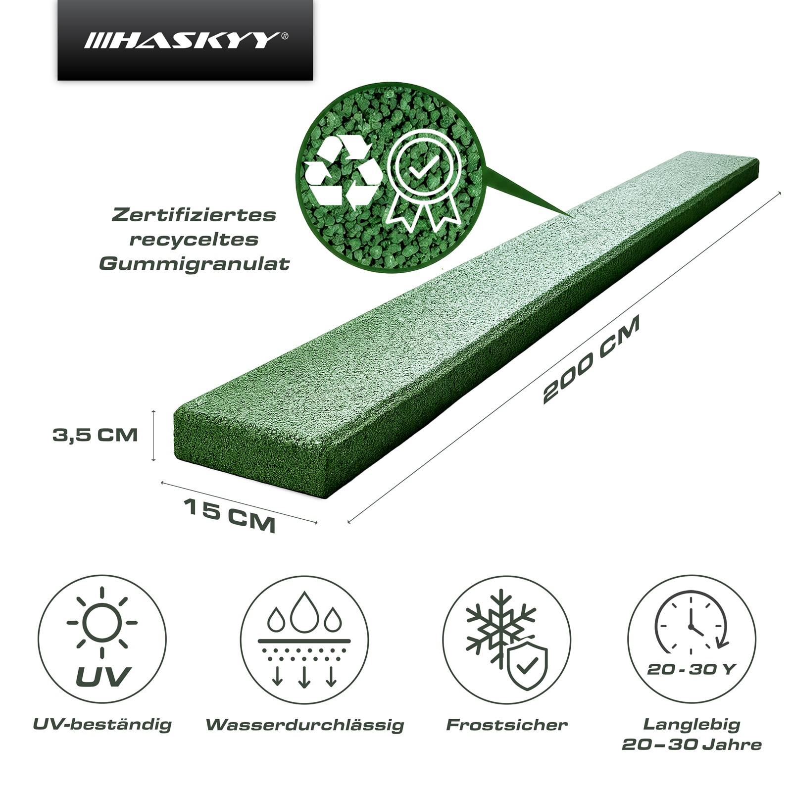 HASKYY Rasenkante Mähkante aus Gummi 200 x 15 x 3,5 cm für Mähroboter Rasenmäher