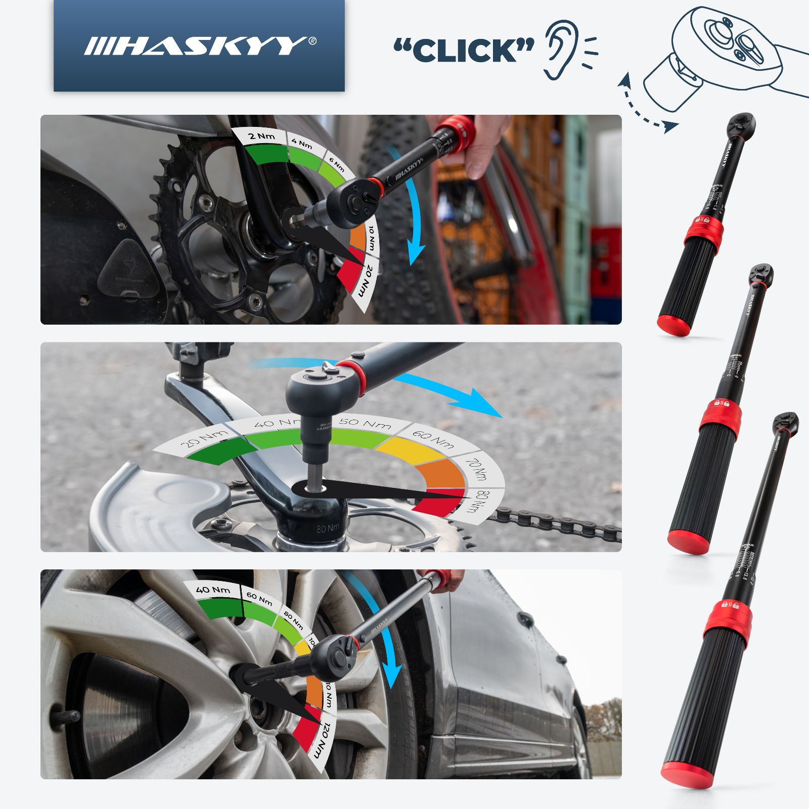 HASKYY 3TLG Drehmomentschlüssel Set 1/4" 3/8" 1/2" 5-25Nm 20-120Nm 65-350Nm Fahrrad Motorrad KFZ
