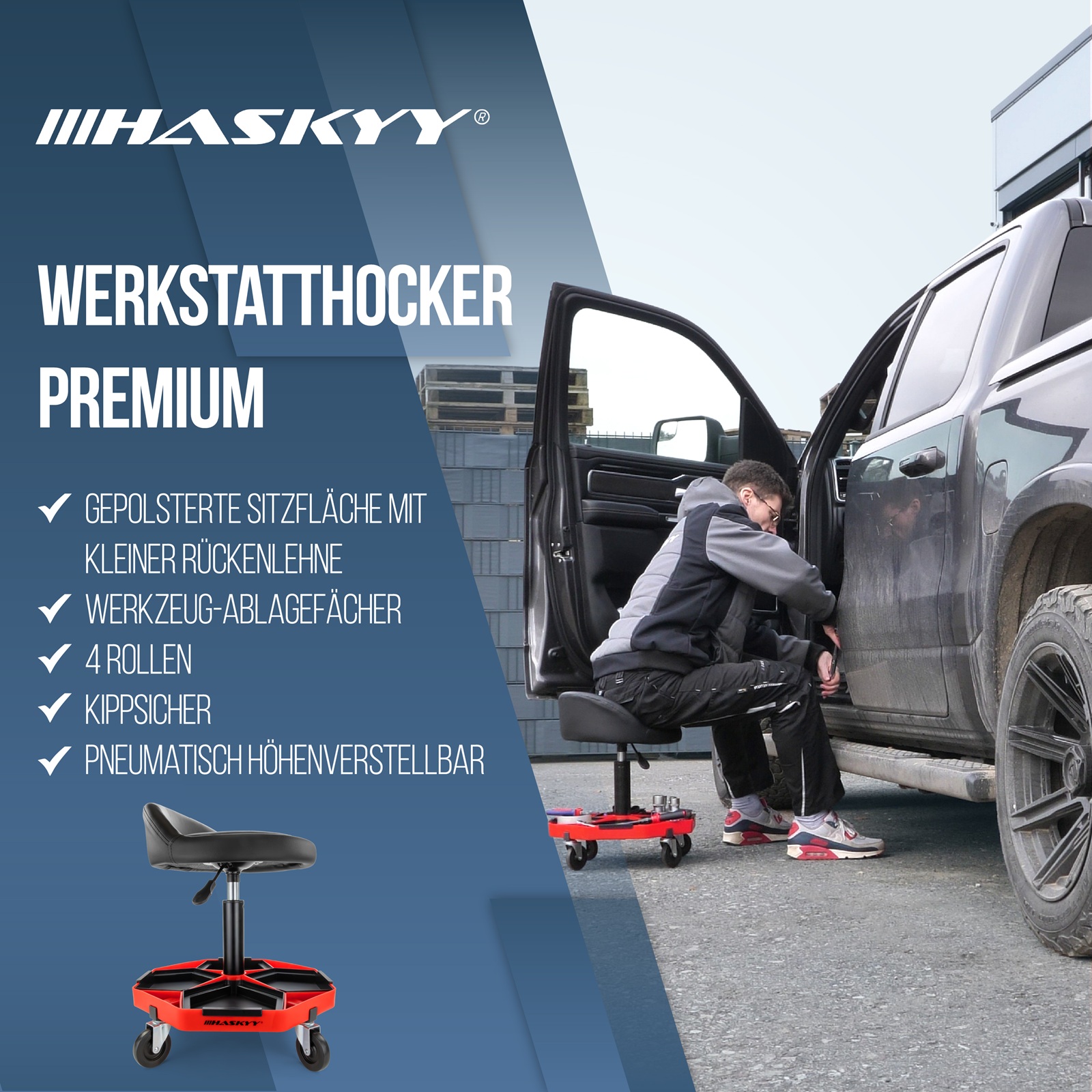HASKYY Werkstatthocker mit kleiner Rückenlehne, höhenverstellbar, 150kg, 360° Rollen