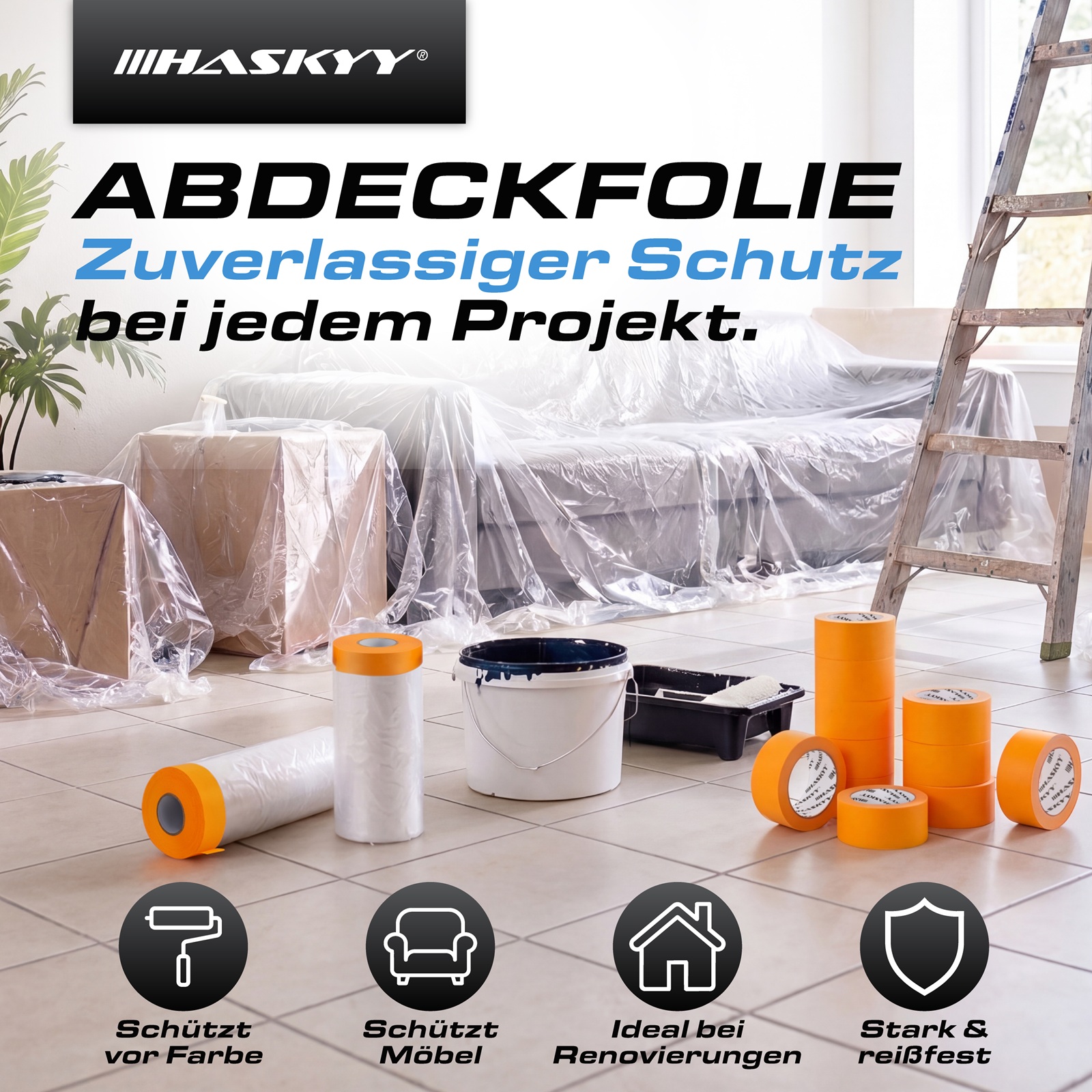 10x Abdeckfolie 240cm x 15m mit Klebeband 18mm