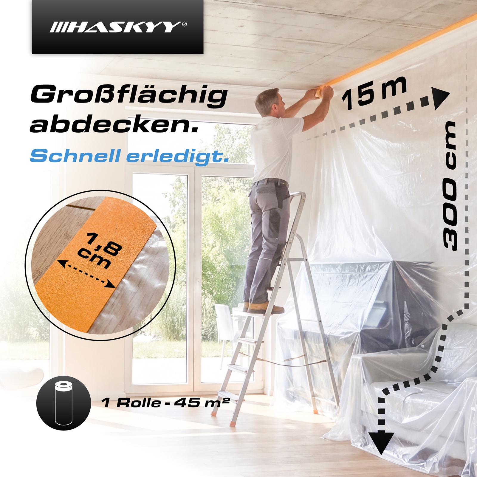 6x Abdeckfolie 300cm x 15m mit Klebeband 18mm