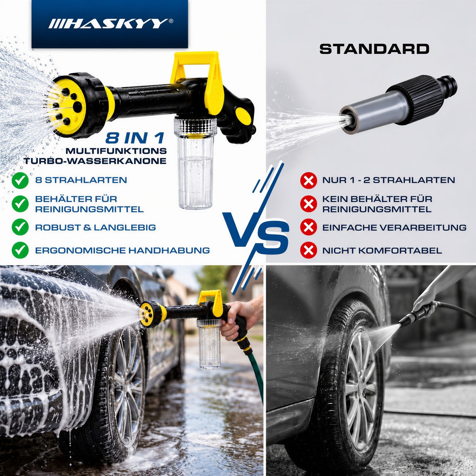 HASKYY Waschpistole 8-in-1 – Schaumkanone & 8 Sprühmodi