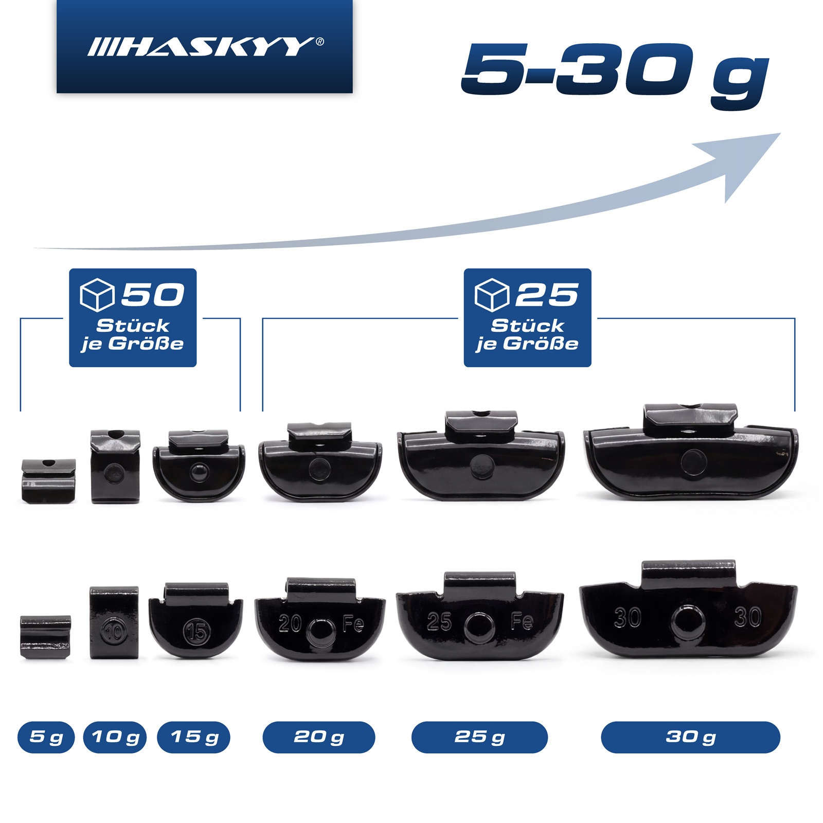 HASKYY 225 tlg. Schlaggewichte Auswuchtgewichte Stahlfelgen 5-30 g Schwarz