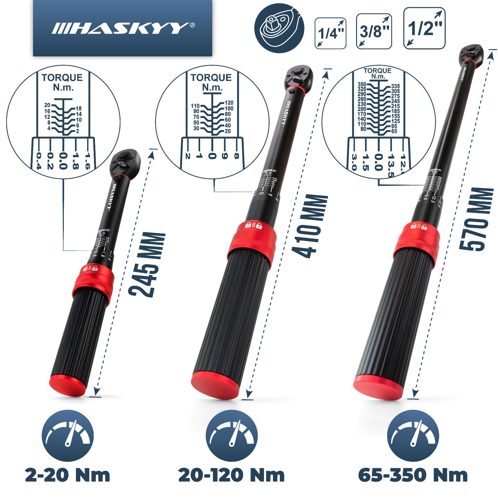 HASKYY 3TLG Drehmomentschlüssel Set 1/4" 3/8" 1/2" 5-25Nm 20-120Nm 65-350Nm Fahrrad Motorrad KFZ
