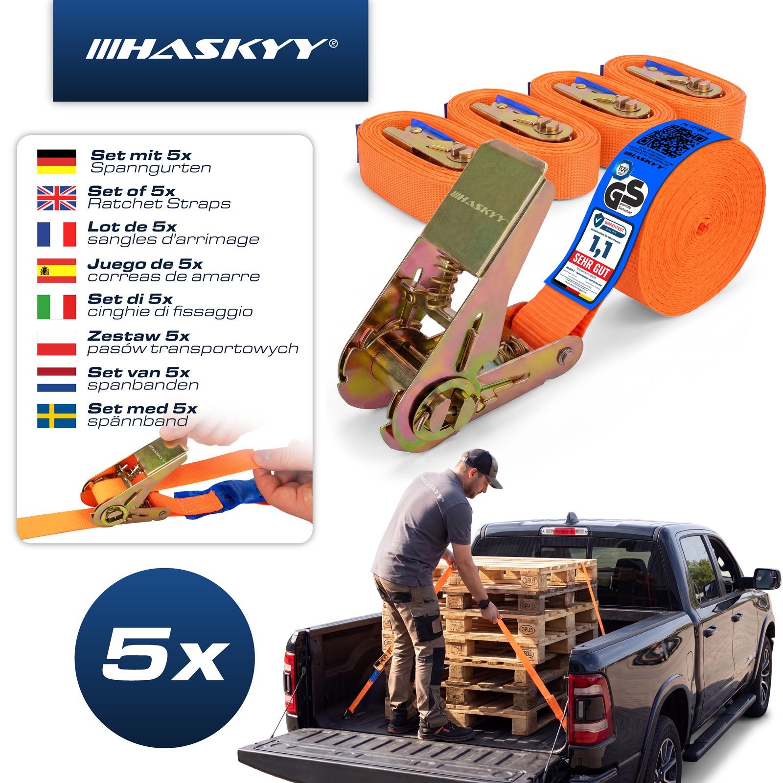 5er Set Spanngurt-Ratsche 27x5000 mm orange
