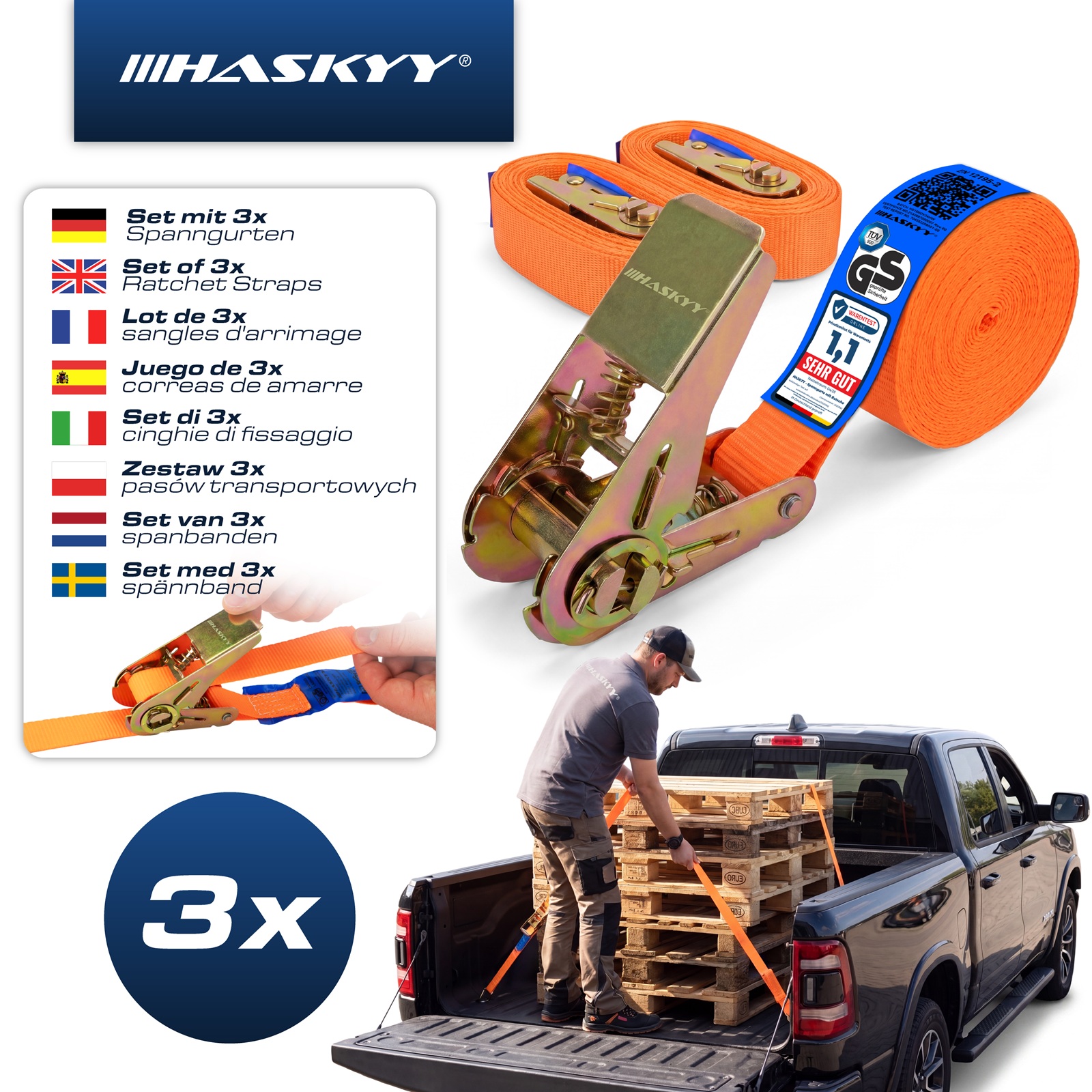 3er Set Spanngurt-Ratsche 27x5000 mm orange