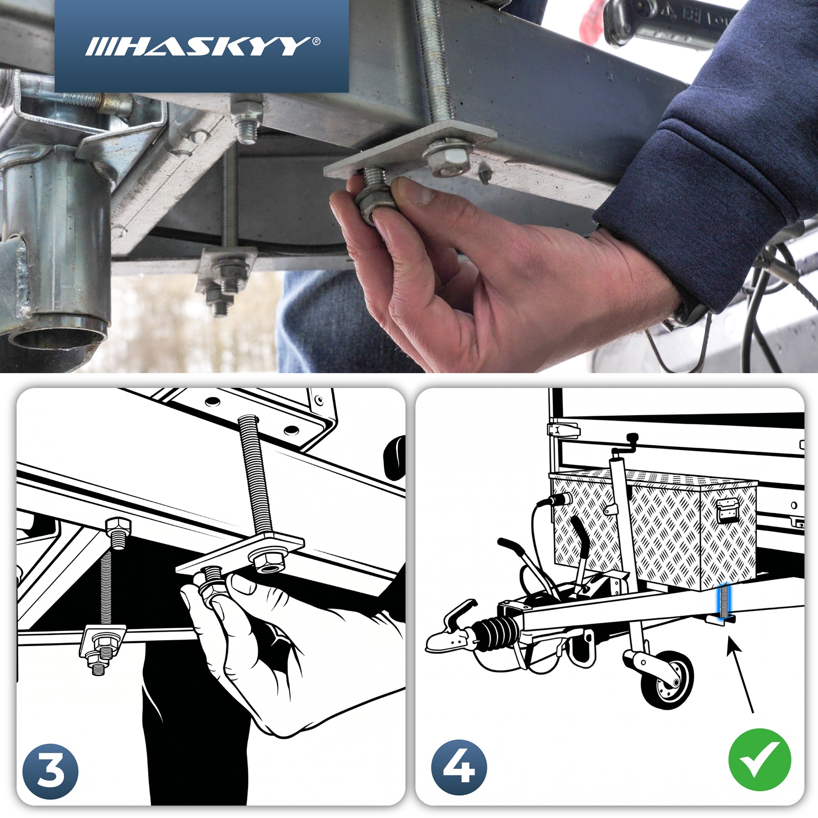 HASKYY Zurrbügel Set Alu-Deichselbox verzinkter Stahl, 4x Schrauben 18cm & Platten 116mm Universal
