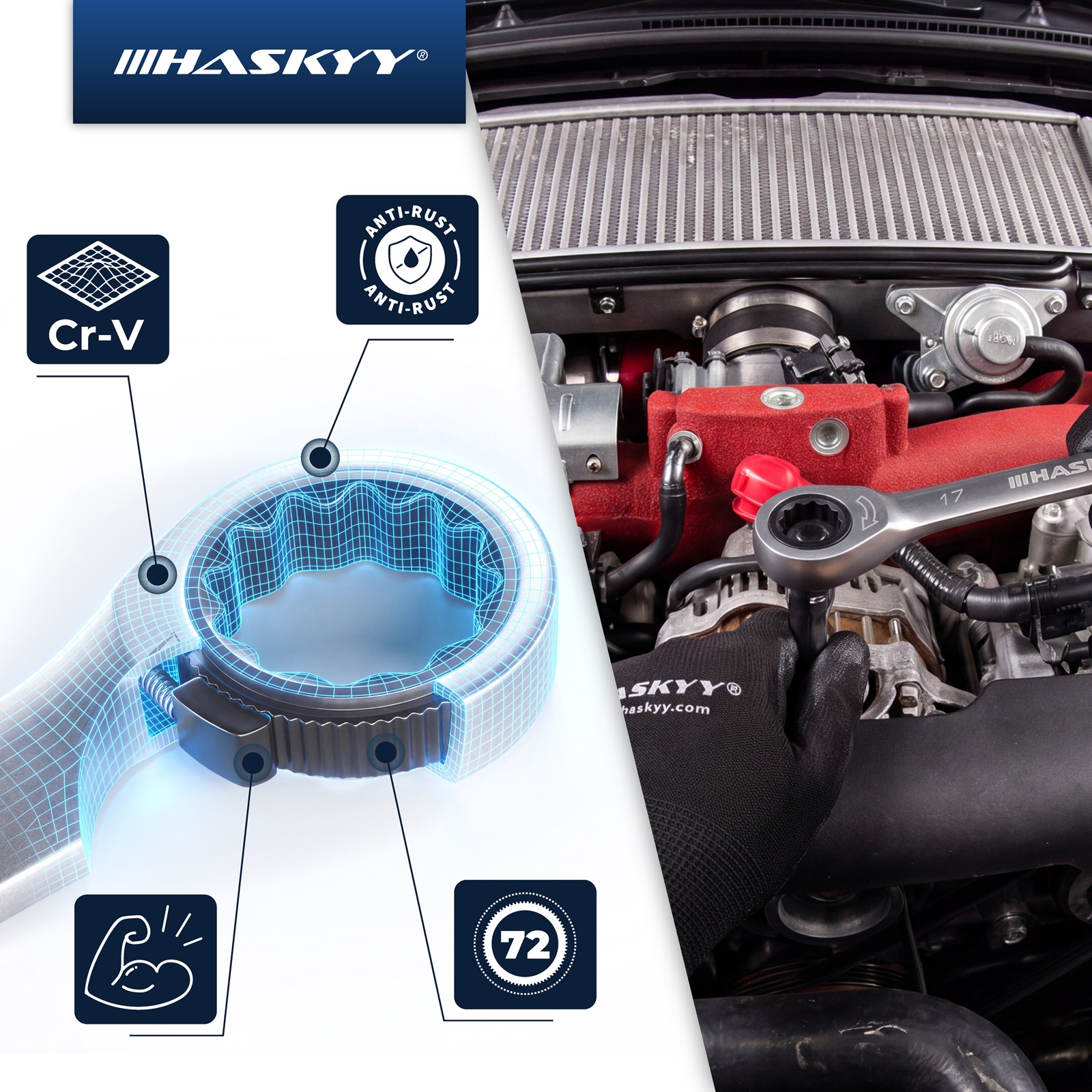 HASKYY Ratschenschlüssel Ring Maul Ratsche Schlüssel Satz 8-19 mm Werkzeug Set 12 tlg