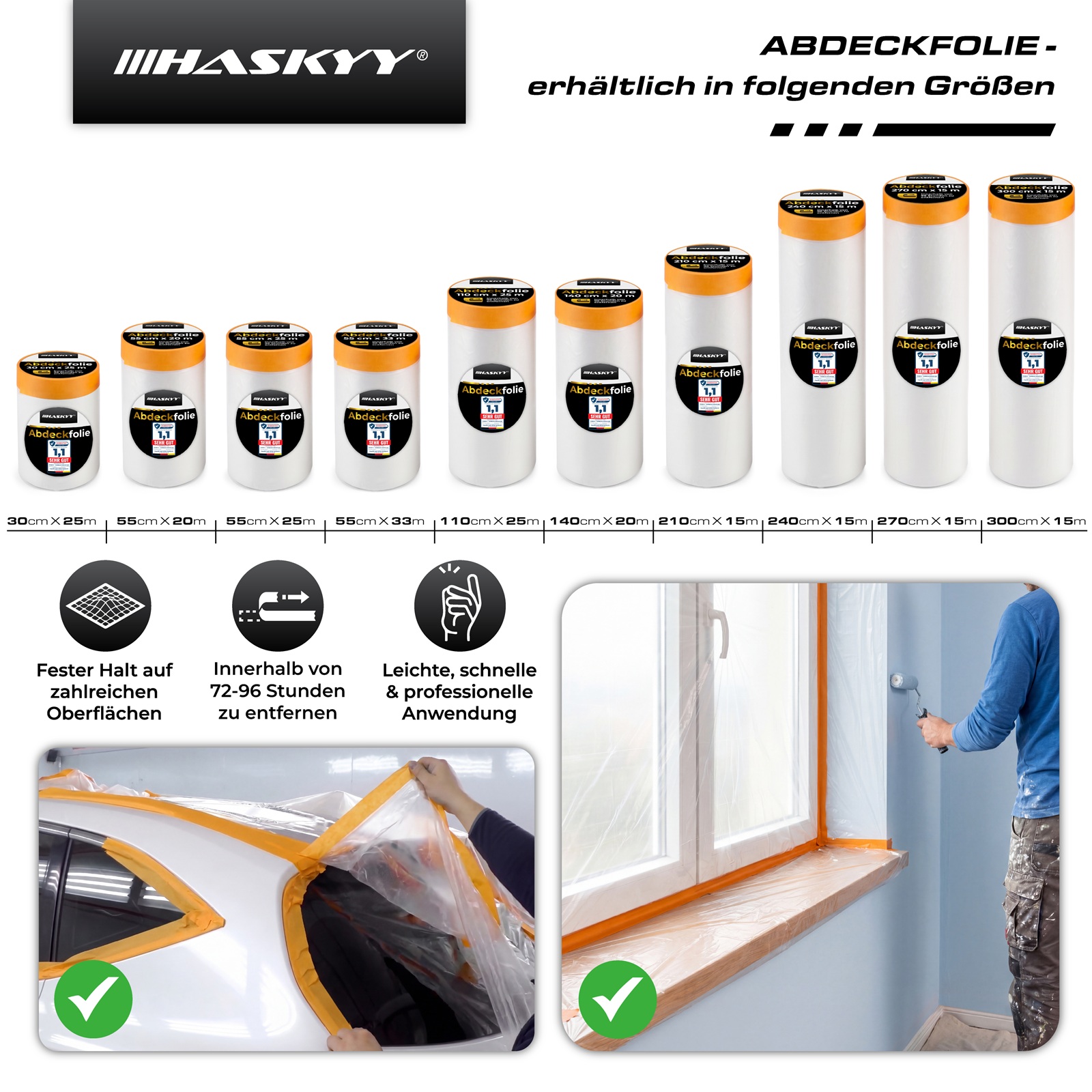 10x Abdeckfolie 240cm x 15m mit Klebeband 18mm